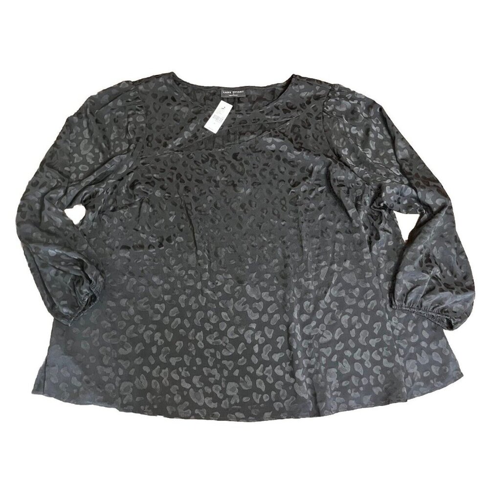 Lane Bryant Cut Out Blouse Size 26 Black Animal Print Twill Puff‎ Sleeve
